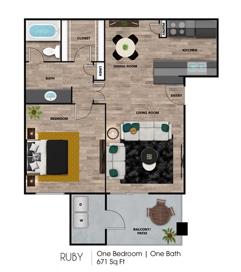 A floor plan of a one bedroom apartment with one bath.